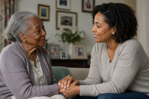 An elderly mother in her 70s warmly holds hands with her adult daughter in her 40s, sharing a tender moment in a cozy living room.