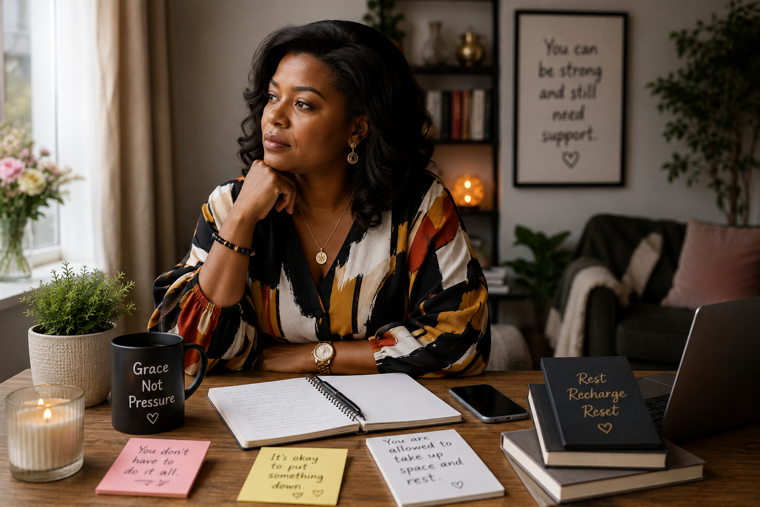 Thoughtful Black woman taking a quiet break at home while reflecting on the pressure to do everything herself.