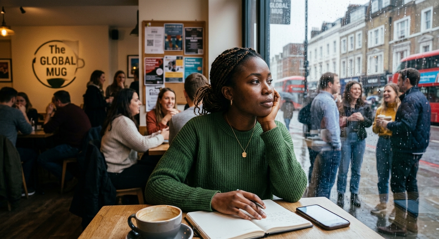 A Black African woman sitting alone at a wooden table in a busy cafe, looking thoughtfully out a rain-streaked window at pedestrians chatting outside. In front of her sits a cup of coffee, a notebook, a pen, and a smartphone.