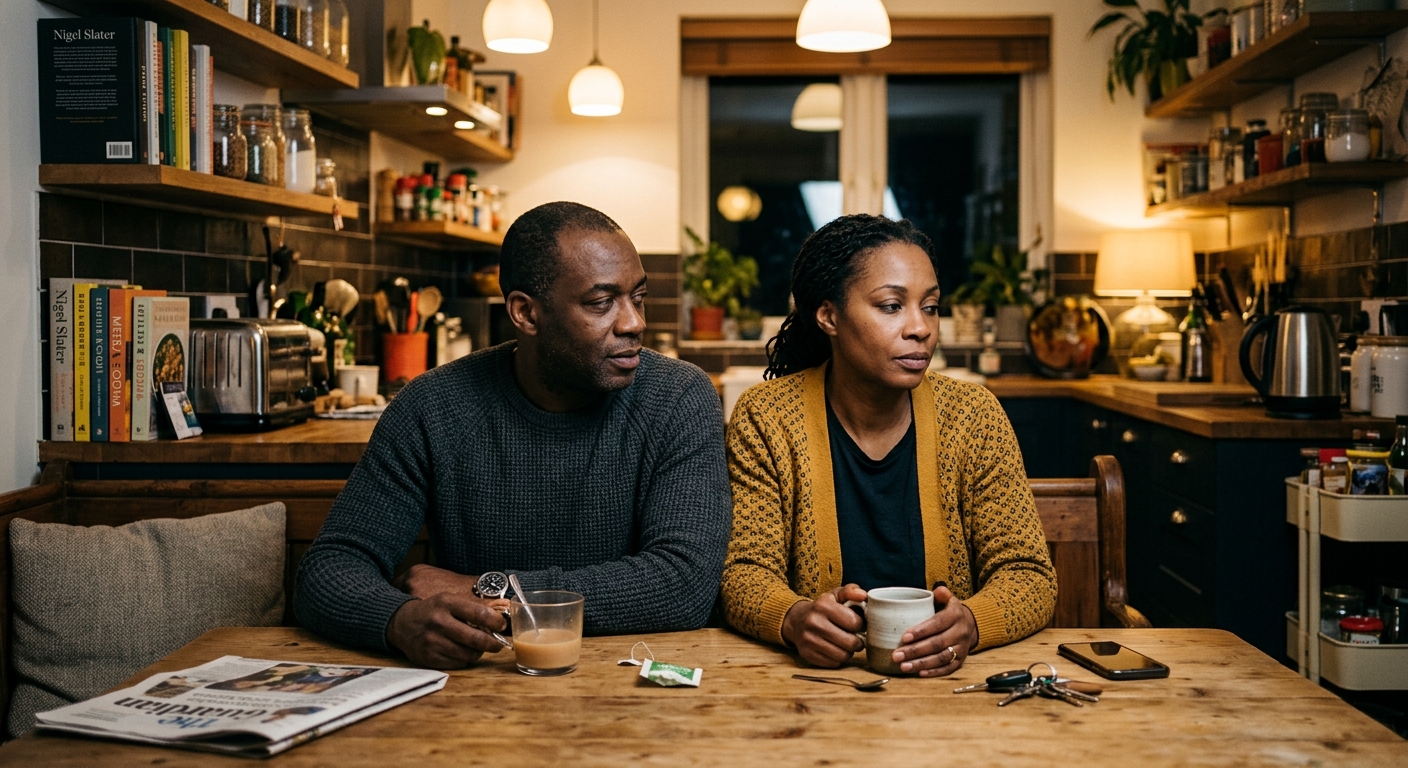 A couple sitting together at home while feeling emotionally disconnected in their relationship