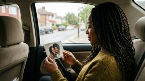 Side view of a woman with braided hair sitting in a car on a rainy day, holding a photo of two smiling friends or family members with a residential street visible through the window.