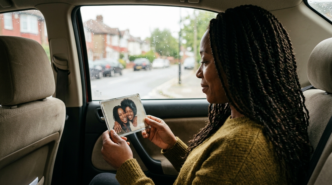 Side view of a woman with braided hair sitting in a car on a rainy day, holding a photo of two smiling friends or family members with a residential street visible through the window.