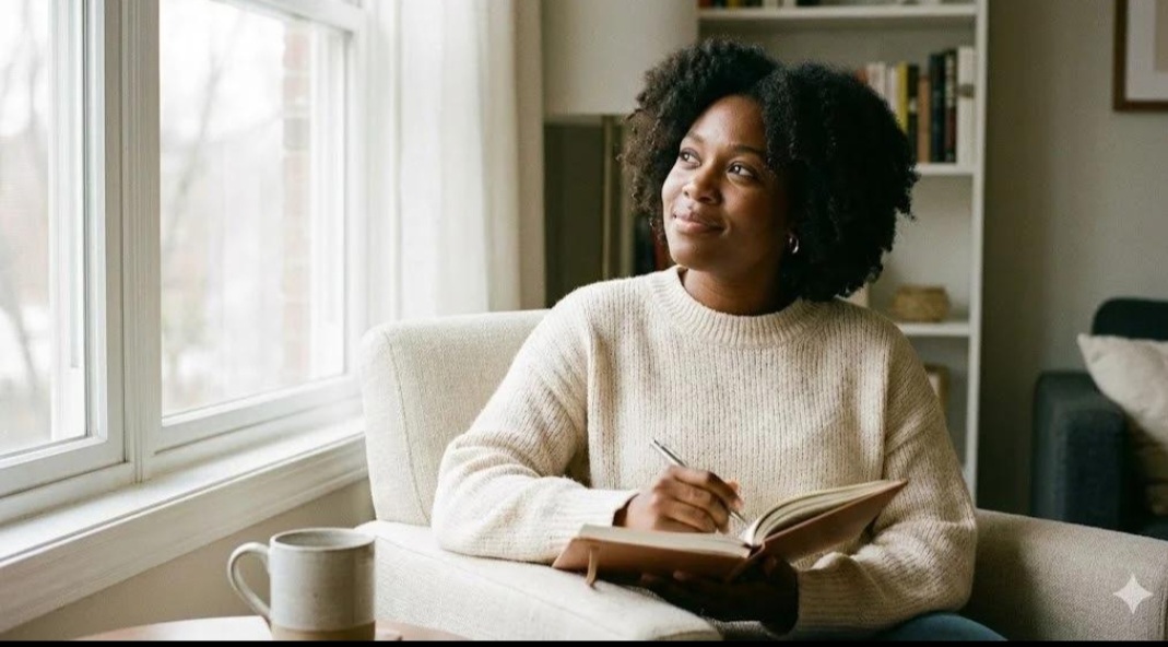 Thoughtful Black woman reflecting on her life and new beginnings in her 40s.