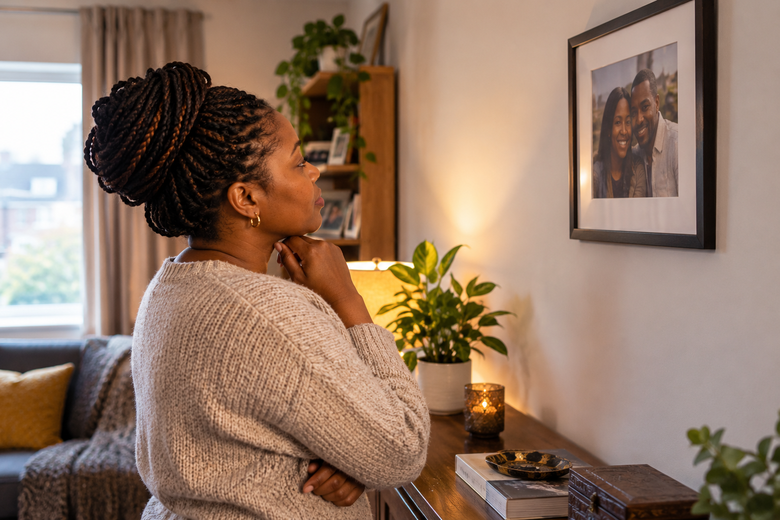 Woman looking at a framed picture on the wall while missing someone she does not want back
